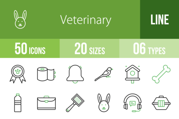 50 Veterinary Icons: Green & Black Graphics